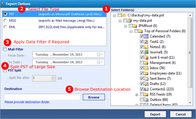 outlook recovery software export options